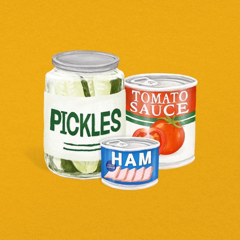 Canned food, pickles, ham, tomato sauce illustration, editable design