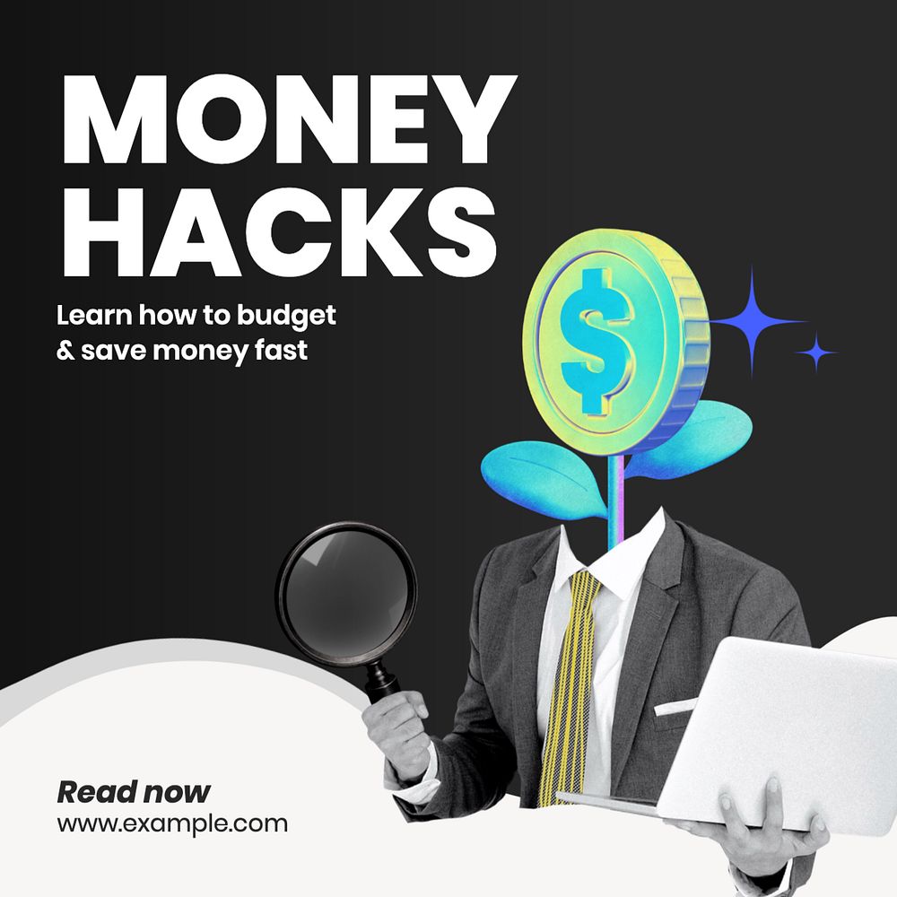 Money hacks article Instagram post template, editable text