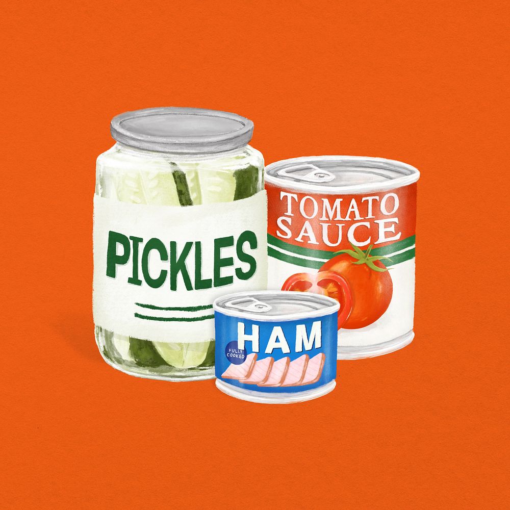 Canned food, pickles, ham, tomato sauce illustration, editable design