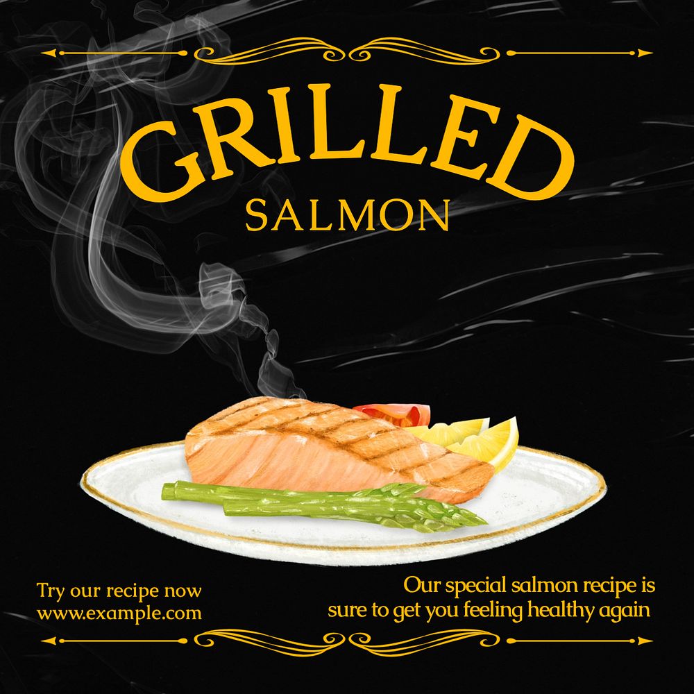 Grilled salmon, restaurant  Instagram post template, editable text