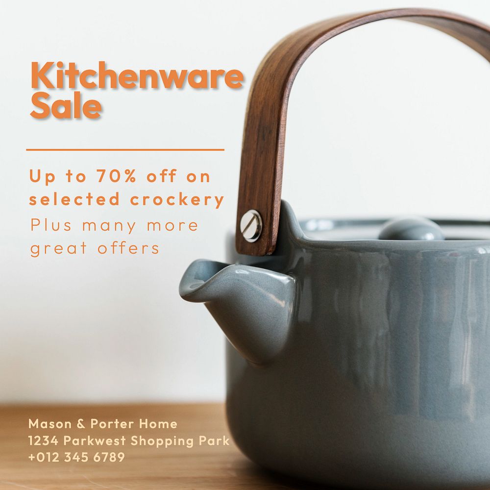 Kitchenware sale  Instagram post template, editable text