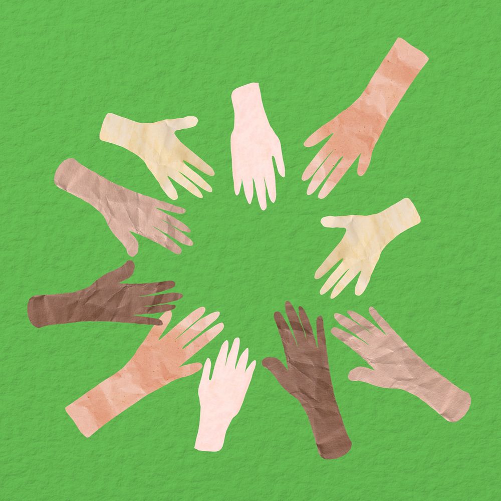 Diverse hands united, paper craft collage, editable design