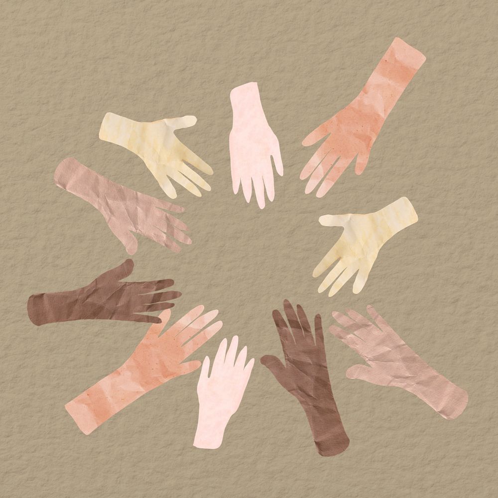 Diverse hands united, paper craft collage, editable design