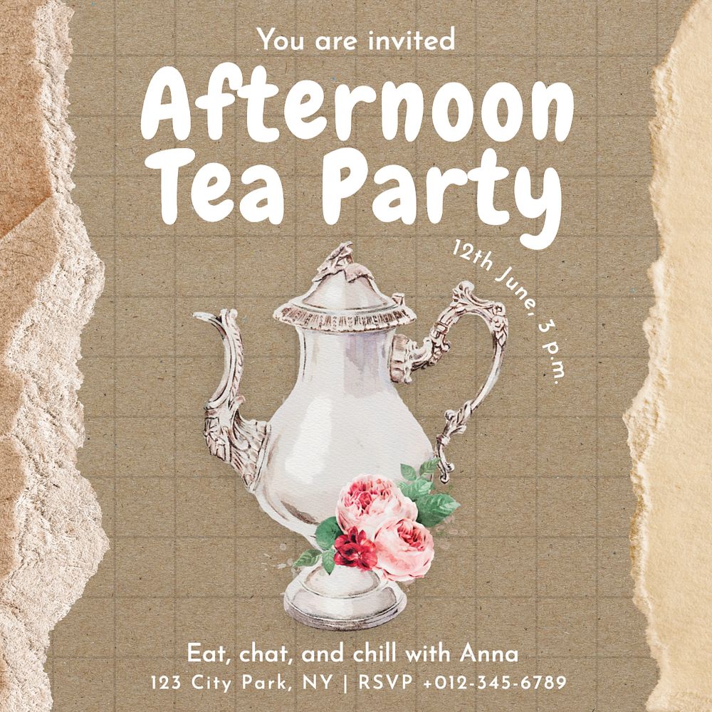 Tea party invitation Instagram post template, editable text