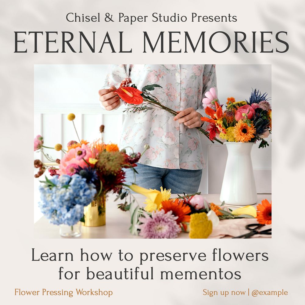 Flower pressing workshop Instagram post template, editable text