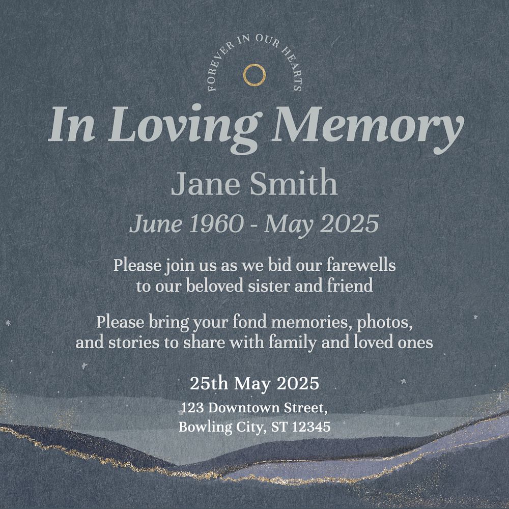 Funeral invitation card Instagram post template, editable text