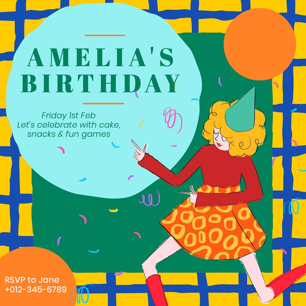 Birthday party Instagram post template, editable text