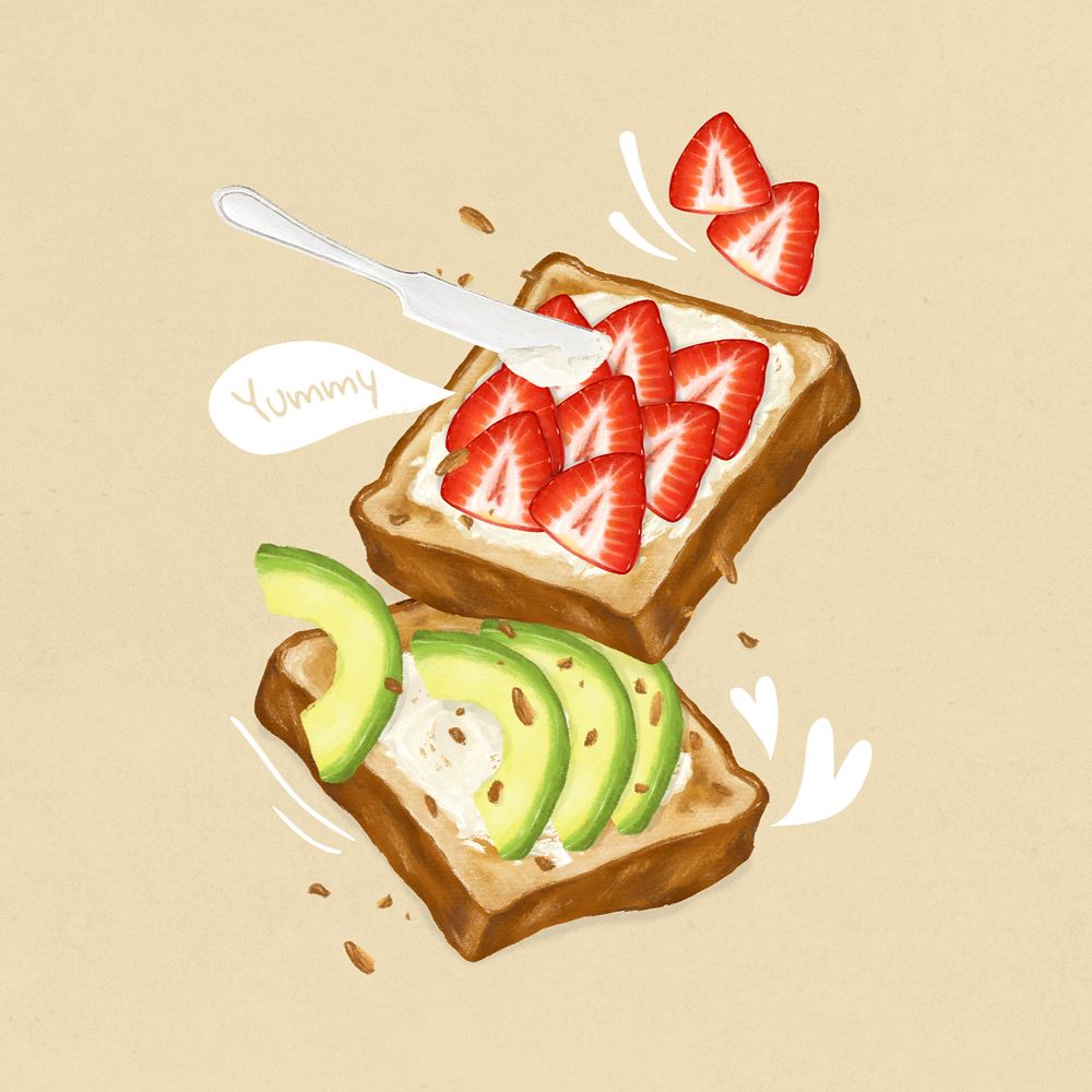 Avocado & strawberry toast, breakfast food illustration, editable design