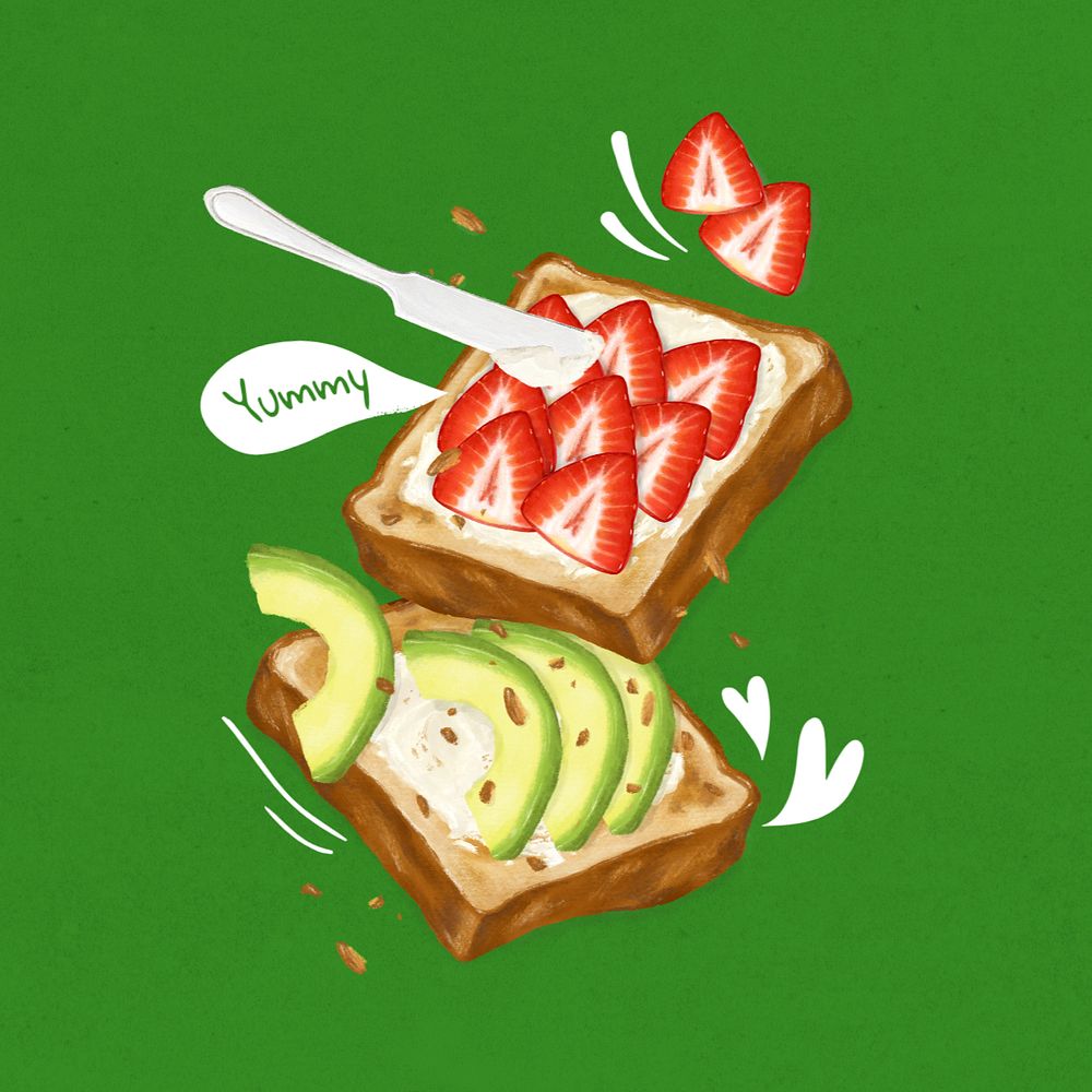 Avocado & strawberry toast, breakfast food illustration, editable design