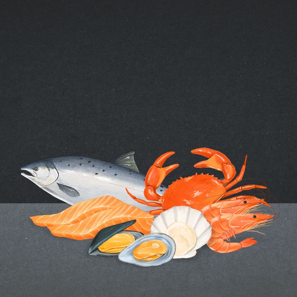 Seafood background, fish, crab digital paint, editable design