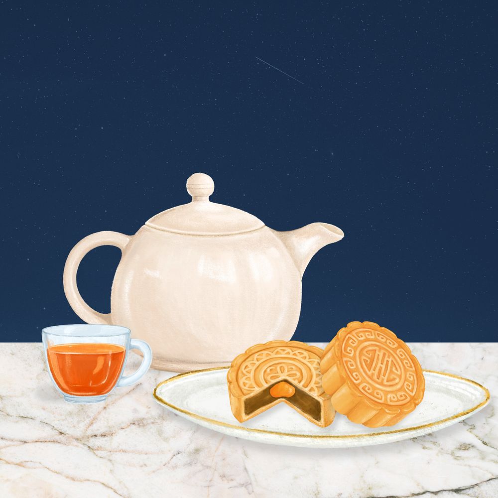 Mooncake and tea background, Chinese dessert border, editable design