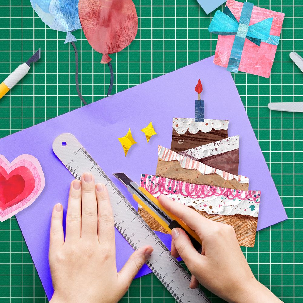 Birthday cake celebration, DIY paper craft photo, editable design