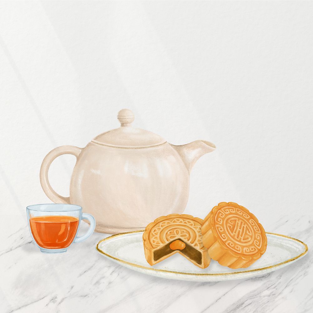 Mooncake and tea background, Chinese dessert border, editable design