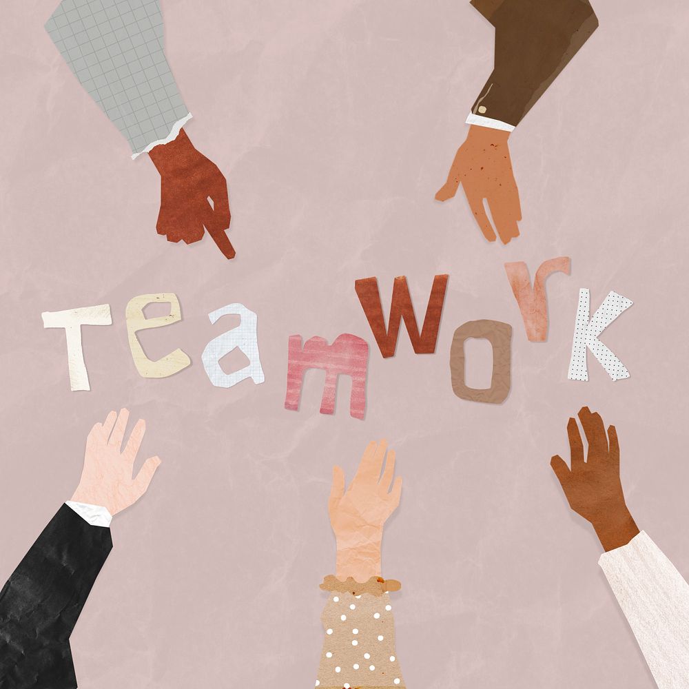 Teamwork word, paper diverse hands united collage, editable design