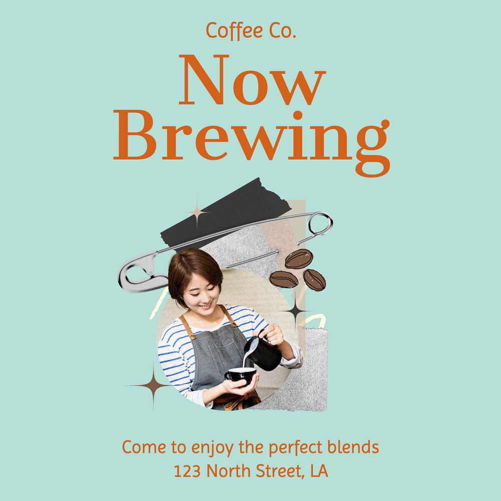 Now brewing, cafe Instagram post template, editable text