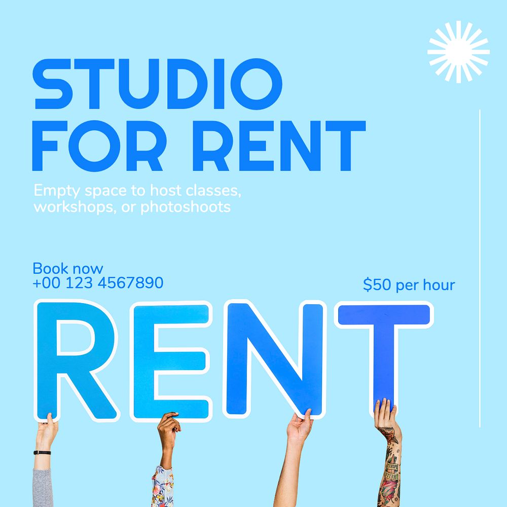 Studio rent Instagram post template, editable text