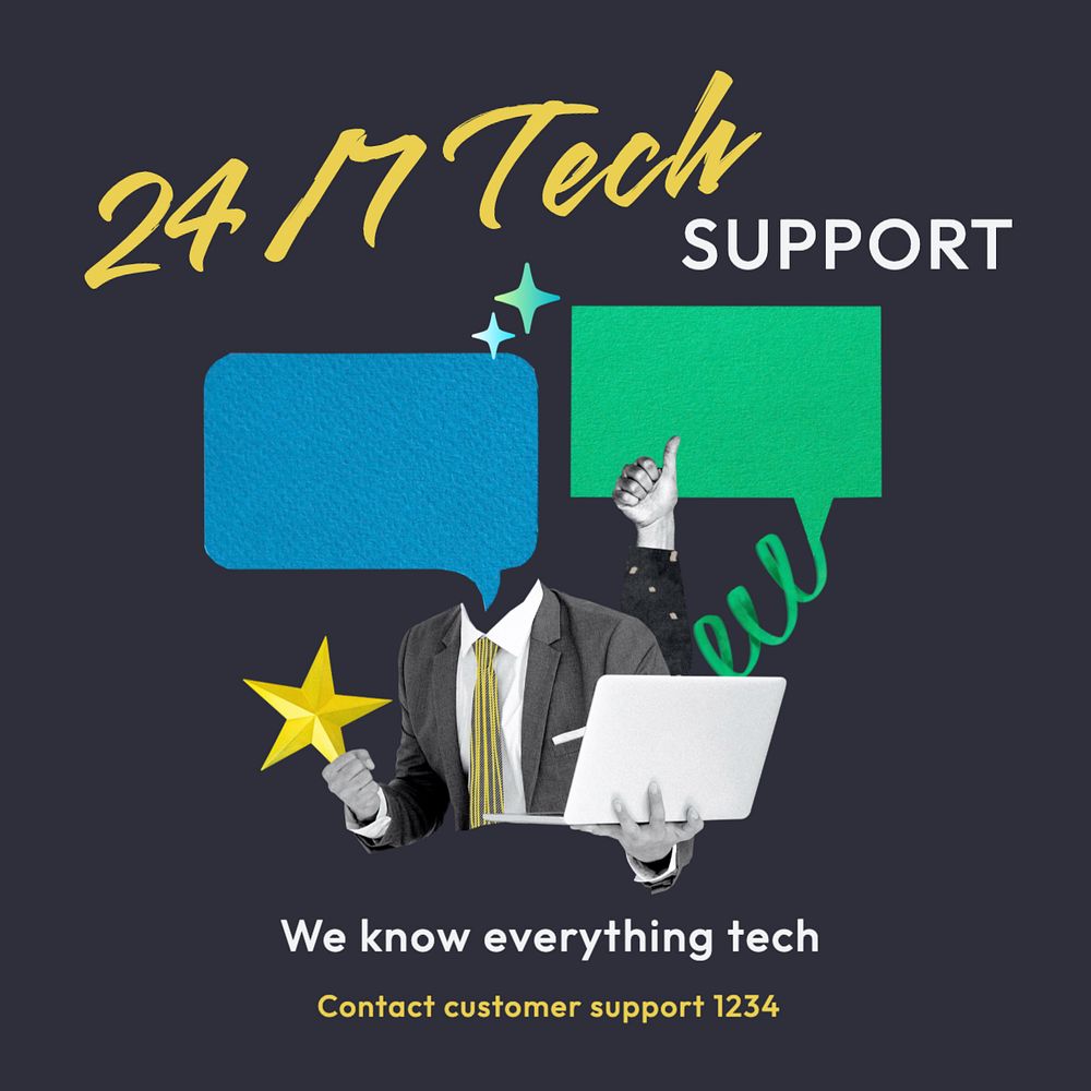 24/7 tech support Instagram post template, editable text