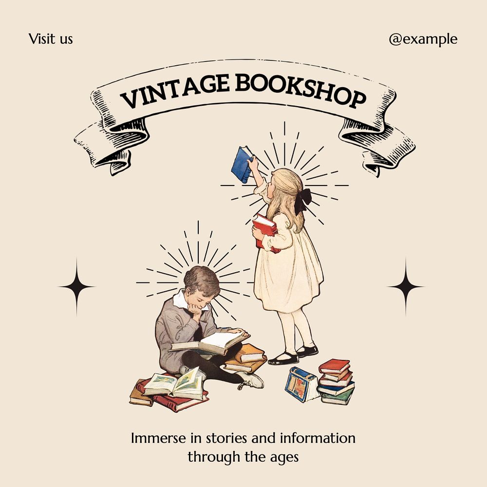 Vintage bookshop Instagram post template, editable text