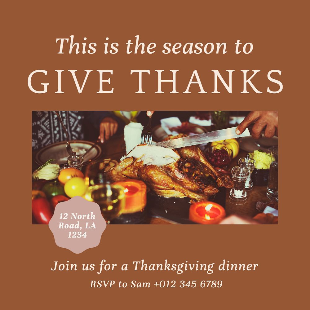 Thanksgiving dinner Instagram post template, editable text