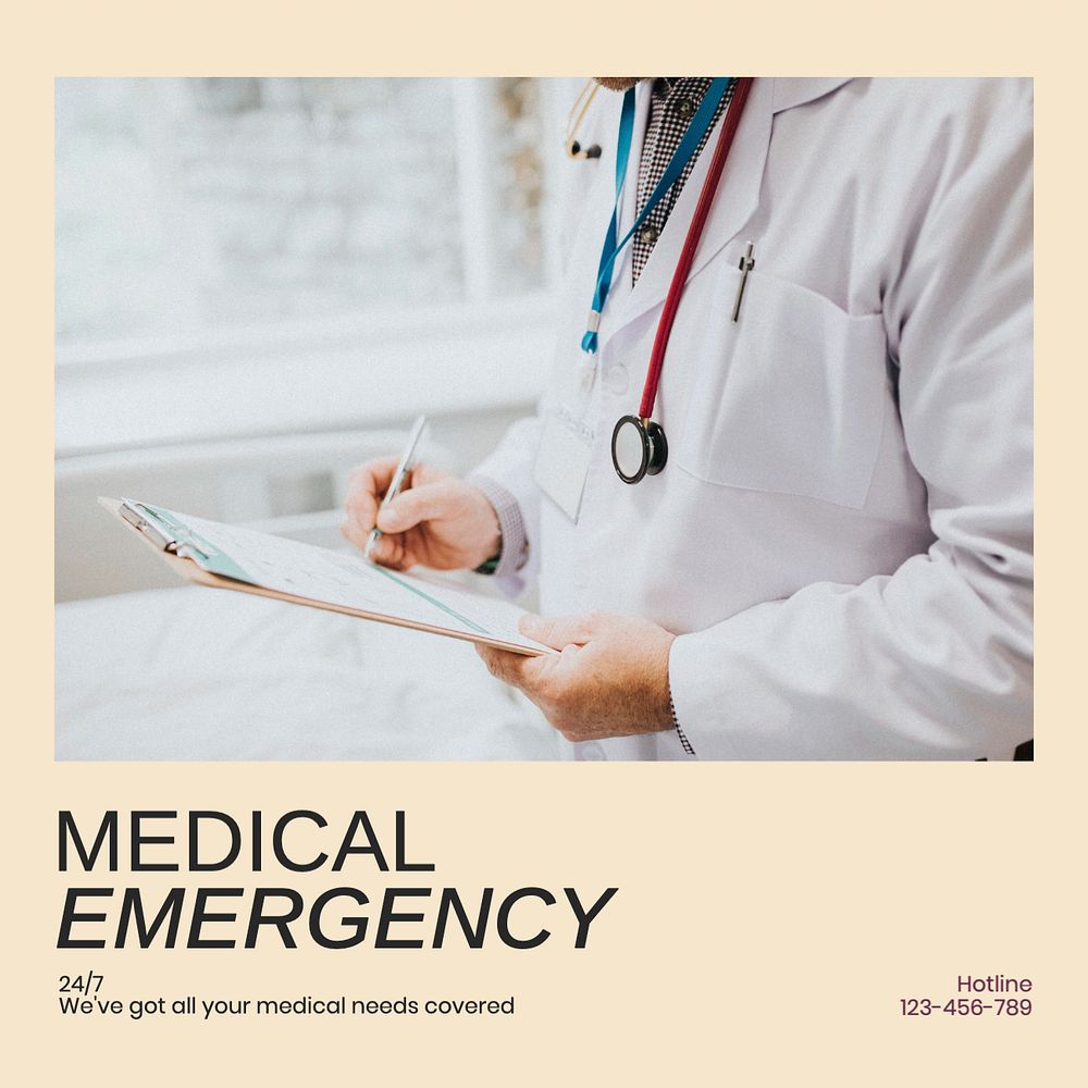 Medical emergency Instagram post template, editable text