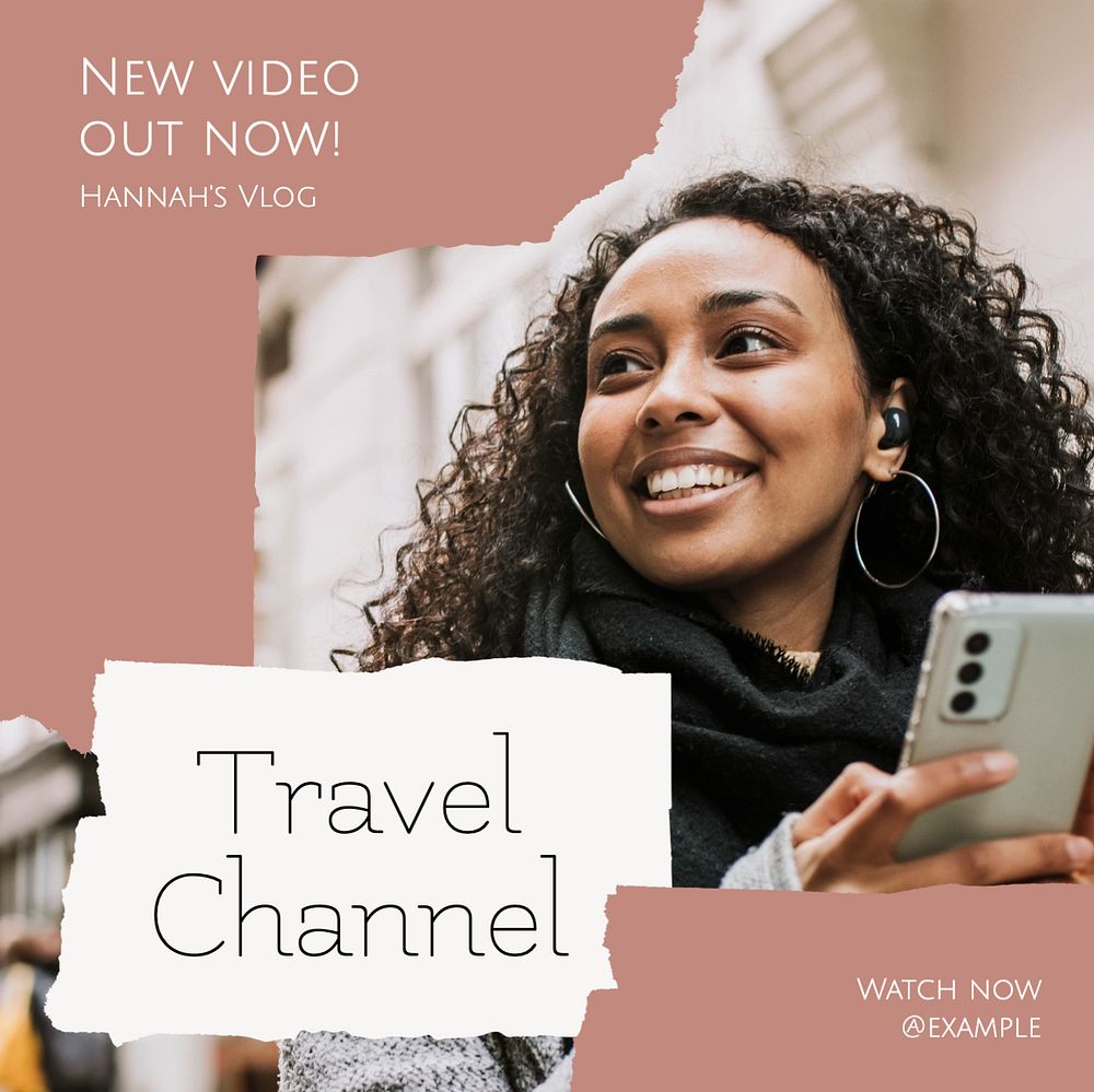 Travel channel Instagram post template, editable text