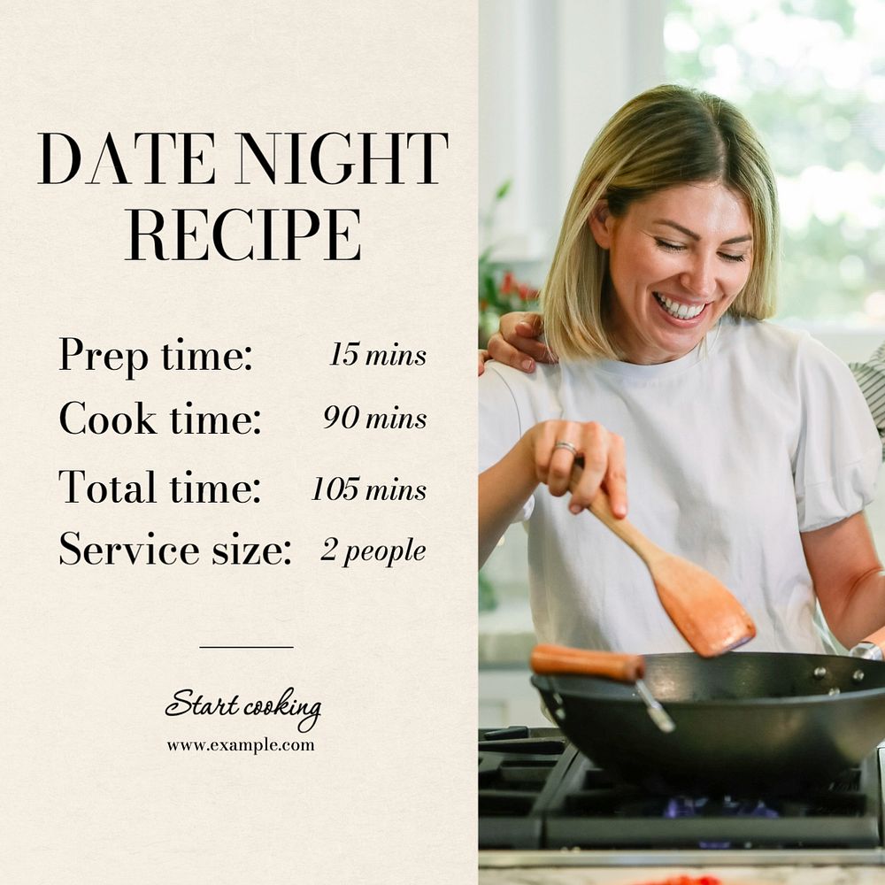 Date night recipe  Instagram post template, editable text