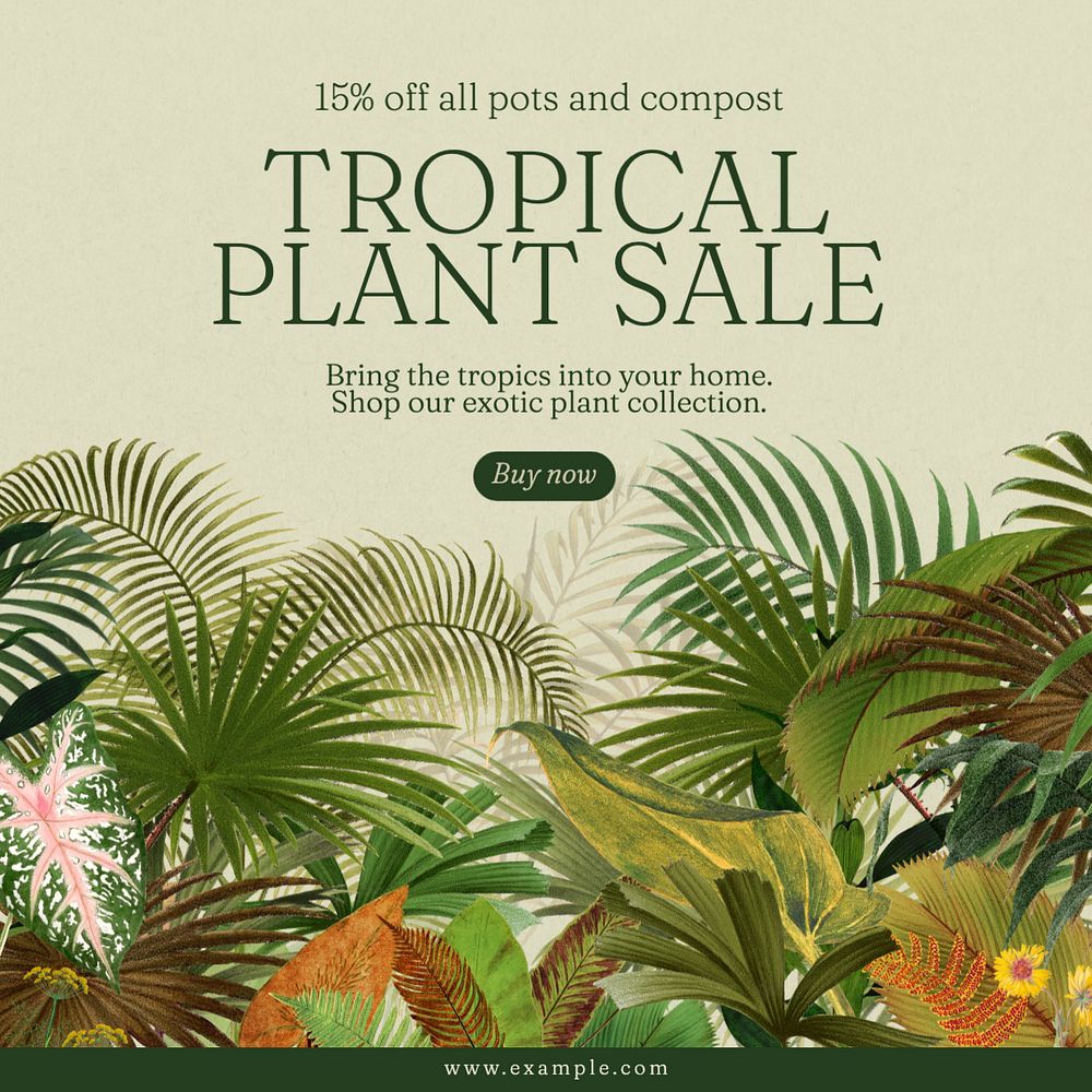 Tropical plant sale Instagram post template, editable text