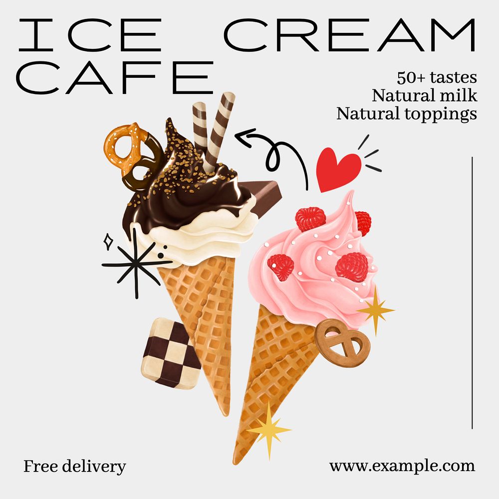 Ice cream cafe Instagram post template, editable text