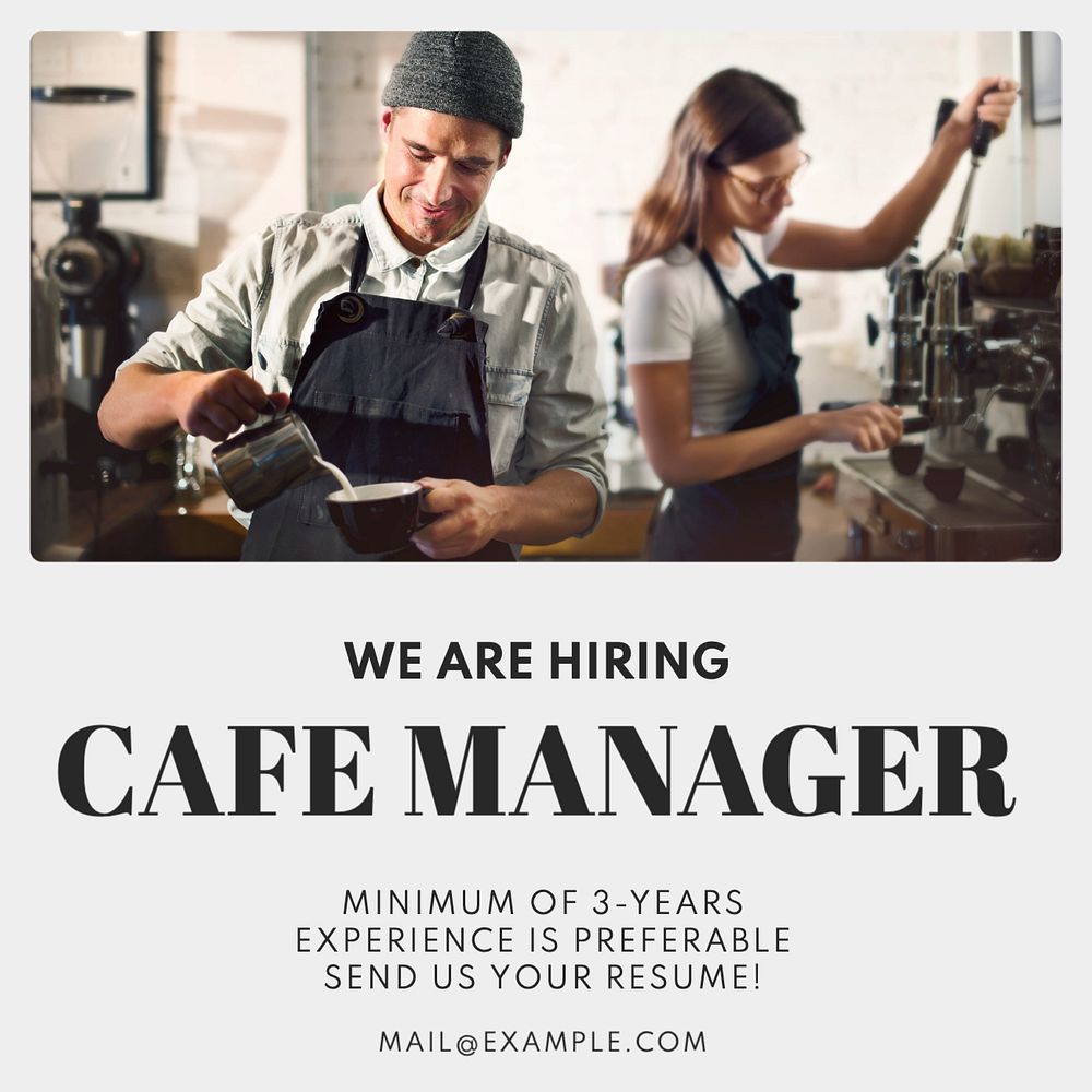 Cafe manager job Instagram post template, editable text