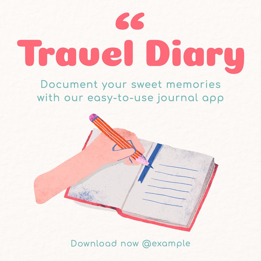 Travel diary app Instagram post template, editable text