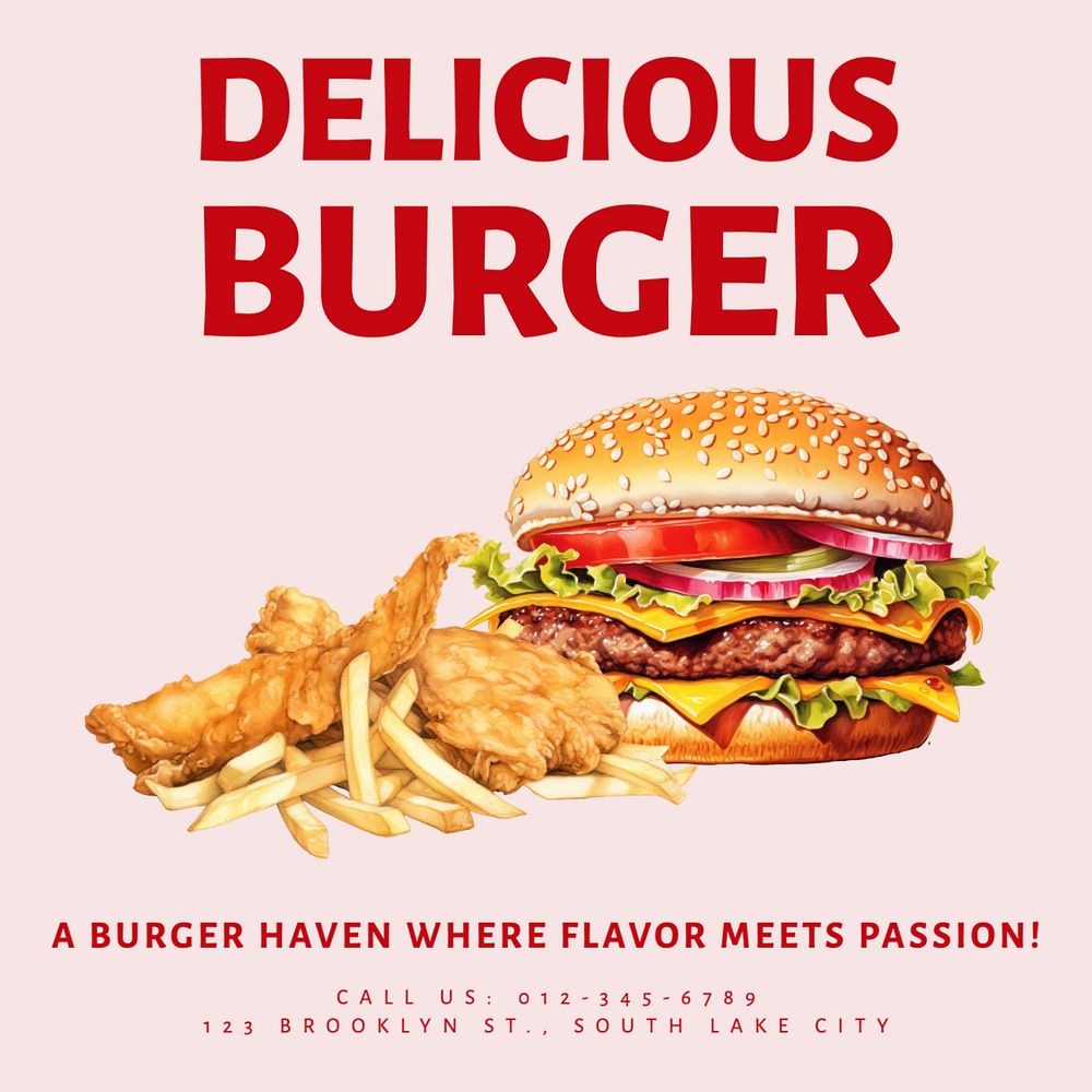 Delicious burger Instagram post template, editable text