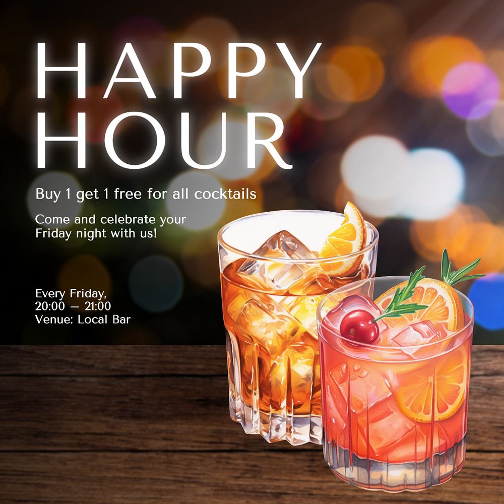 Happy hour Instagram post template, editable text