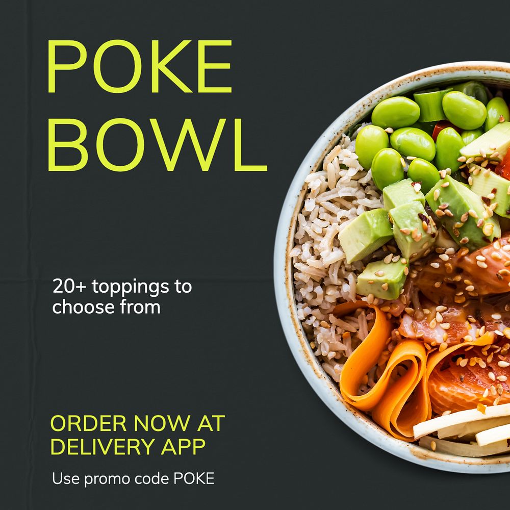 Poke bowl Instagram post template, editable text