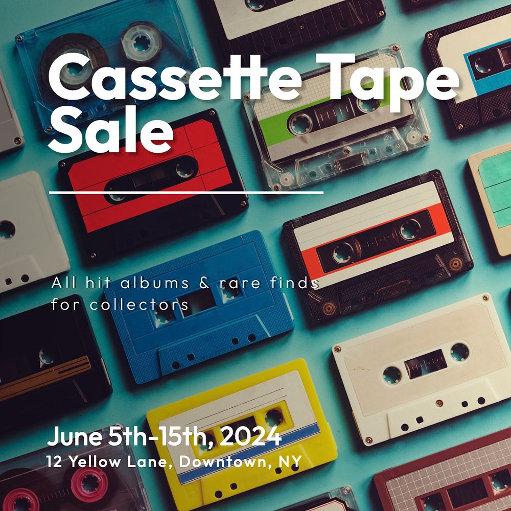 Cassette tape sale  Instagram post template, editable text