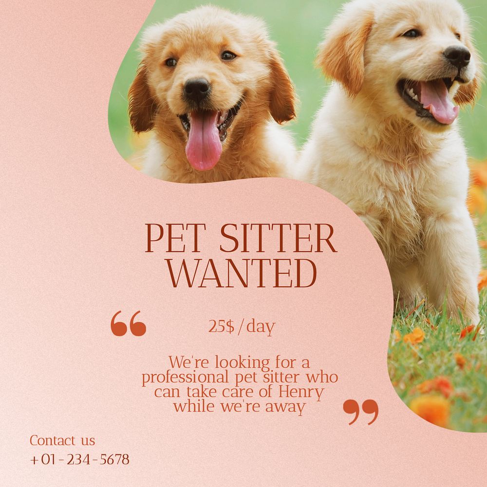 Pet sitter wanted Instagram post template, editable text