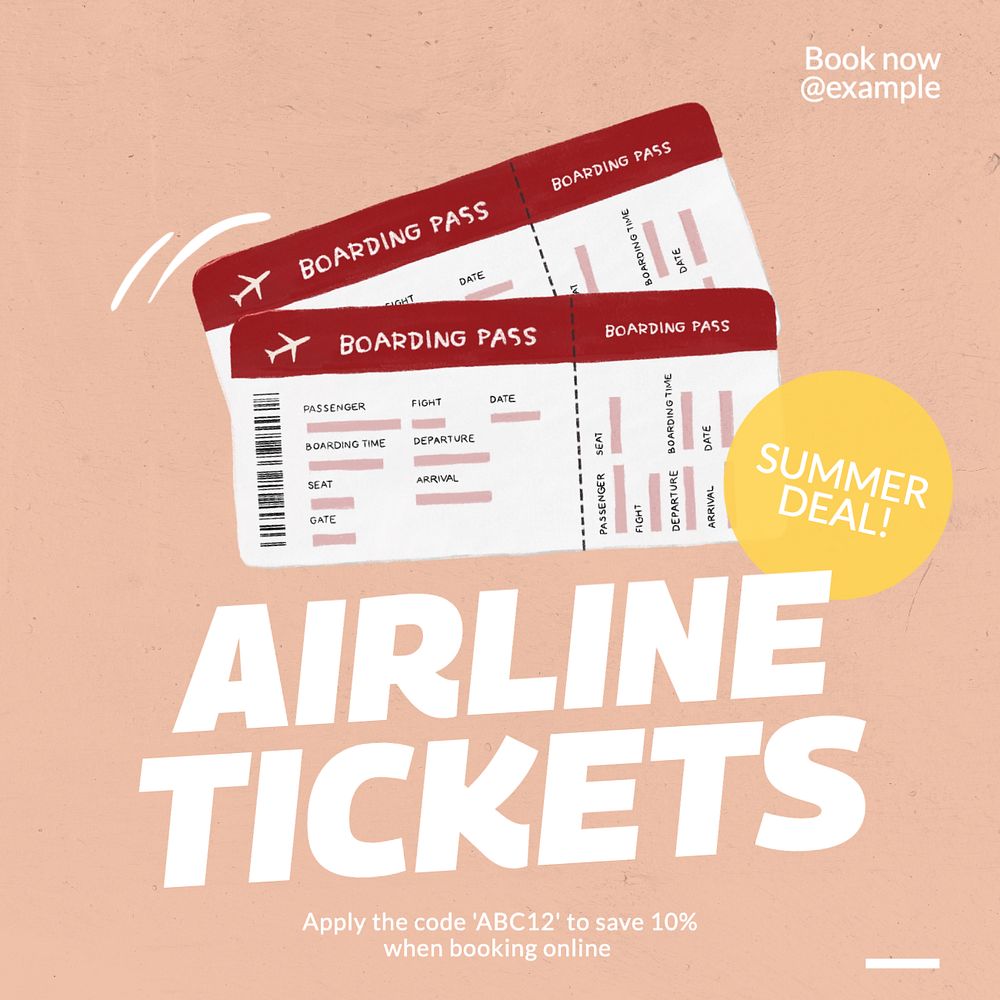 Airline tickets deal Instagram post template, editable text