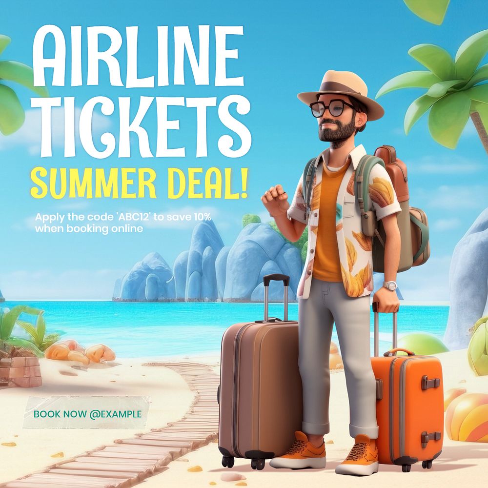 Airline tickets deal Instagram post template, editable text