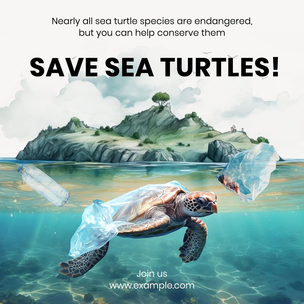 Save sea turtles Instagram post template, editable text