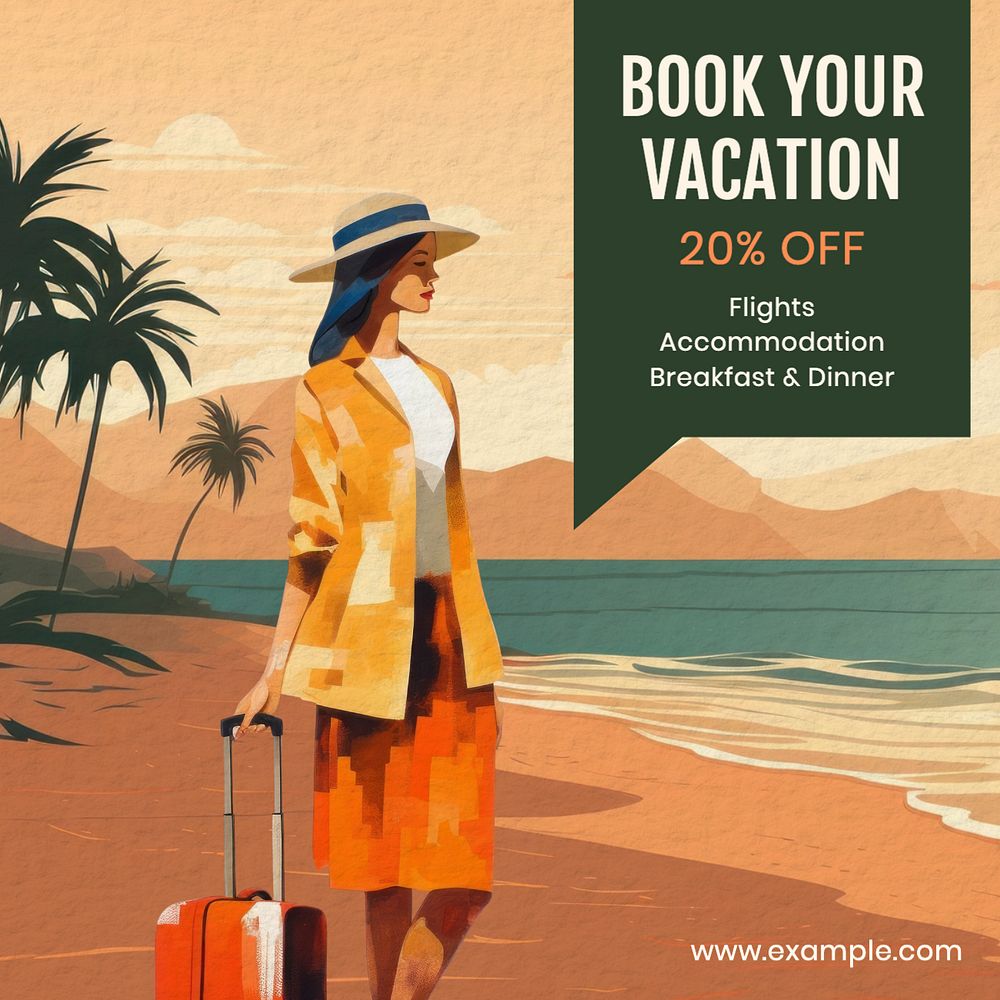 Book your vacation Instagram post template, editable text