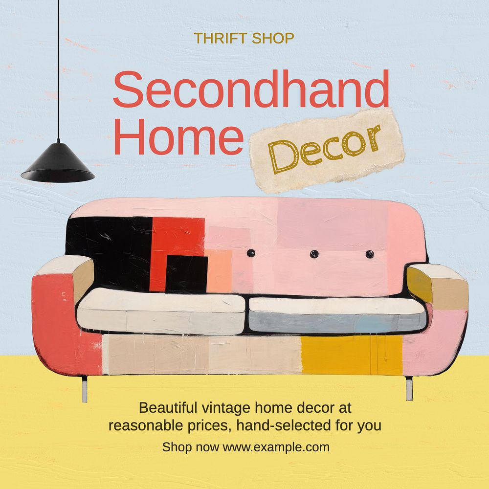 Secondhand decor shop Instagram post template, editable text