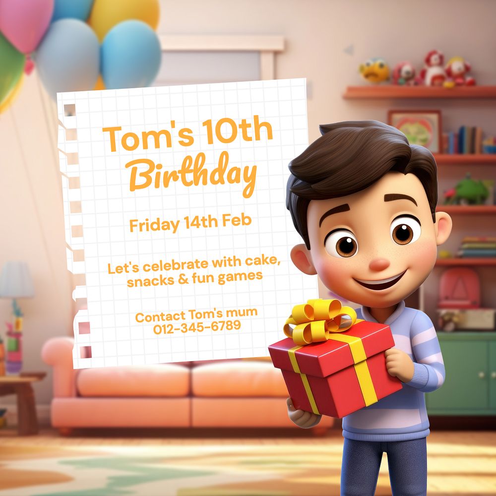 Kids birthday Instagram post template, editable text