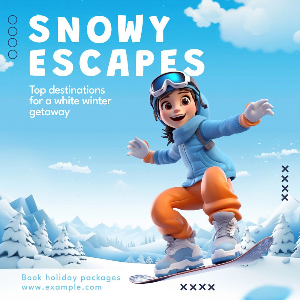 Snowy escapes Instagram post template, editable text