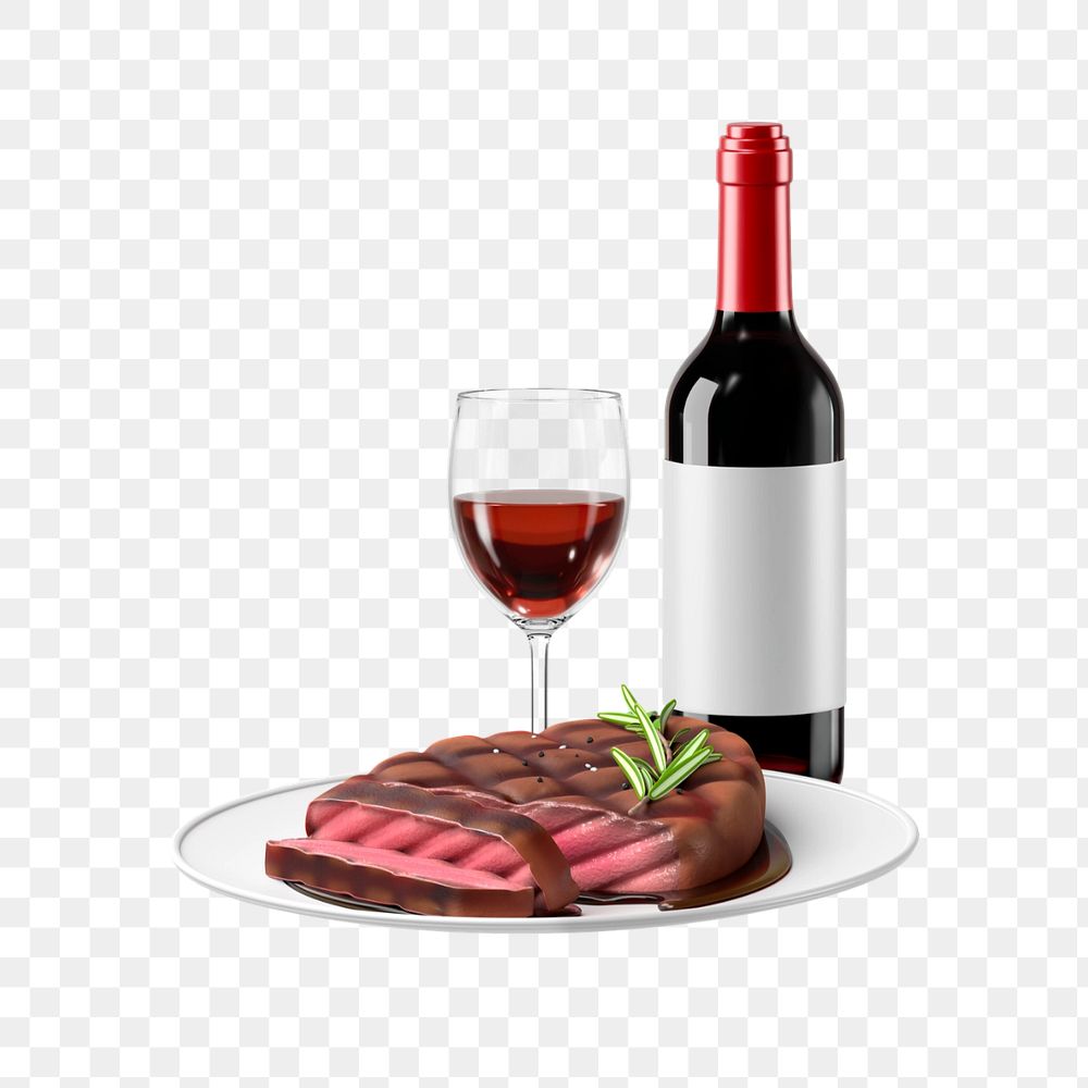 3D steak & wine dinner, element editable illustration