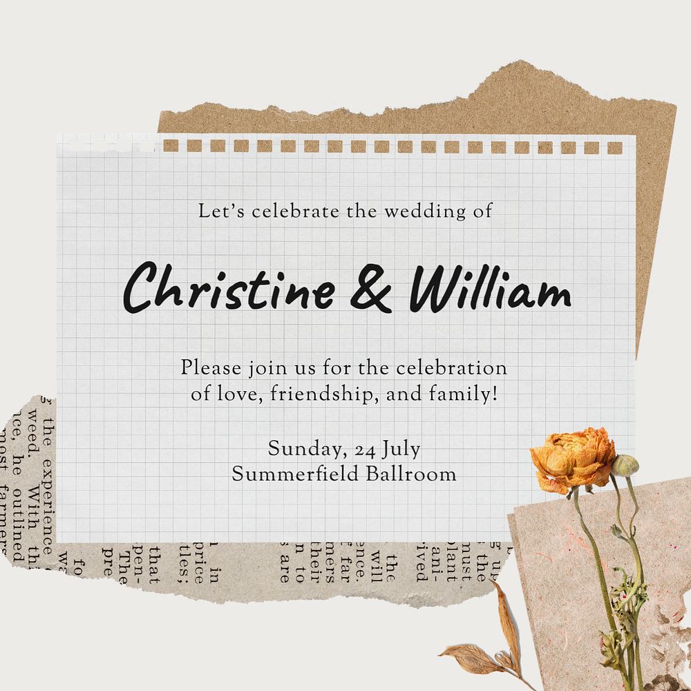 Autumn wedding Instagram post template, aesthetic paper collage