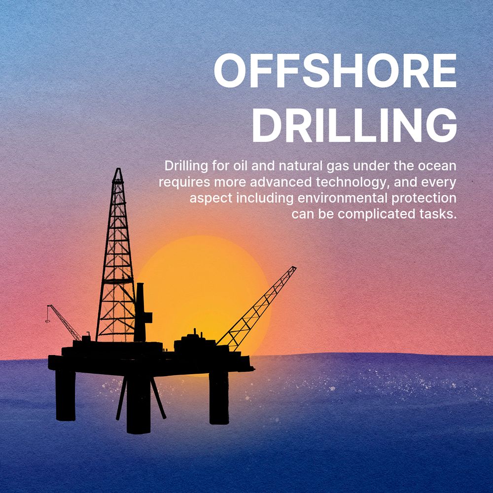 Offshore drilling Instagram post template, oil rig sunset