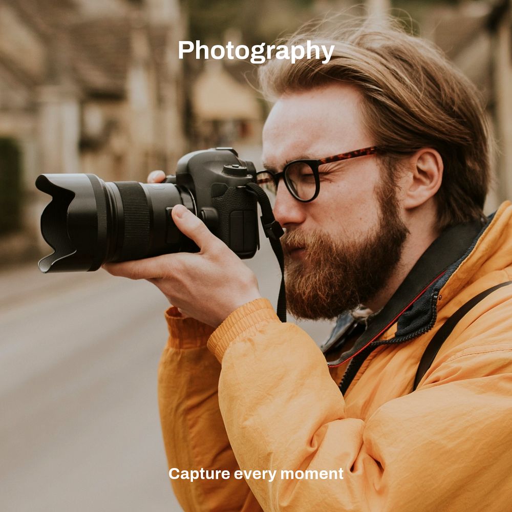Male photographer Facebook post template, editable text