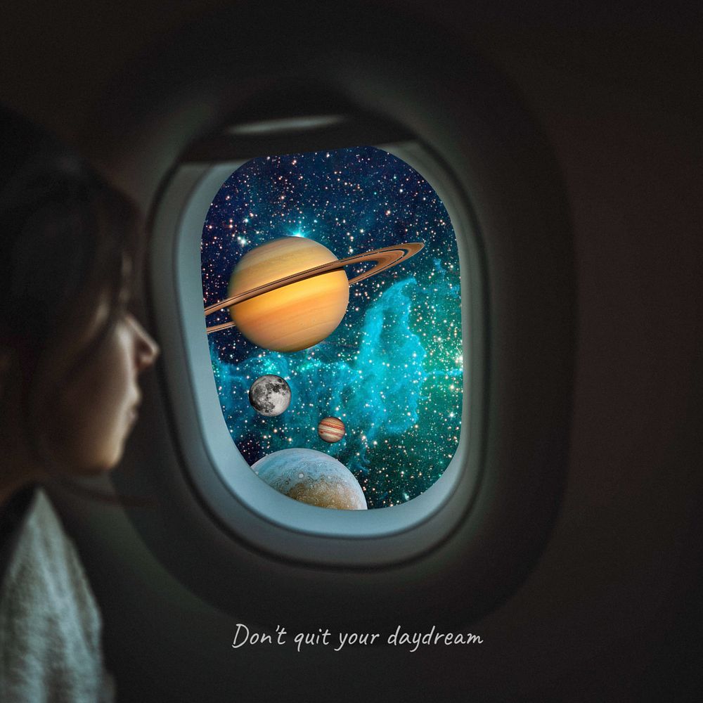 Plane window Instagram post template, surreal collage art remixed media