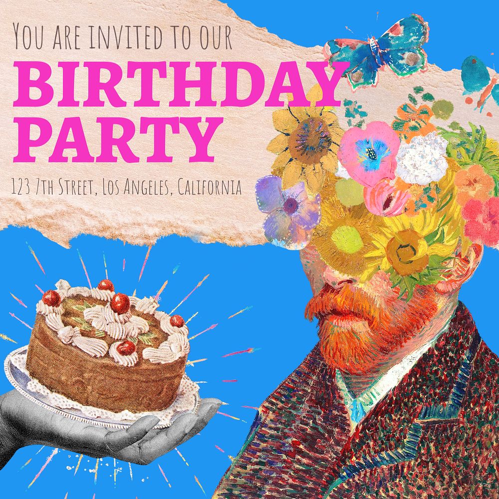 Birthday party Instagram post template, Van Gogh's famous artwork, remixed by rawpixel