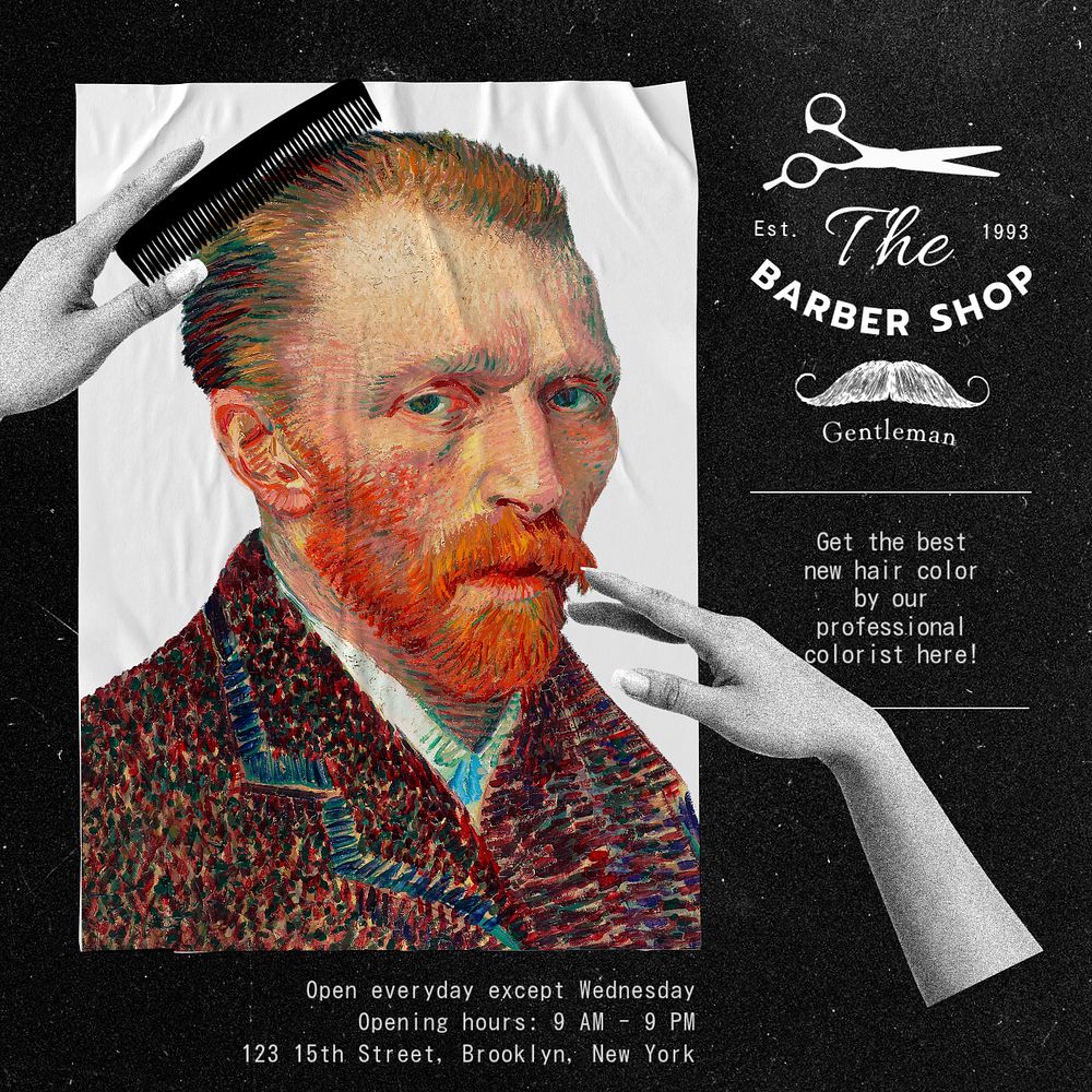 Vintage barber Instagram post template, Van Gogh's Self-Portrait, famous artwork, remixed by rawpixel