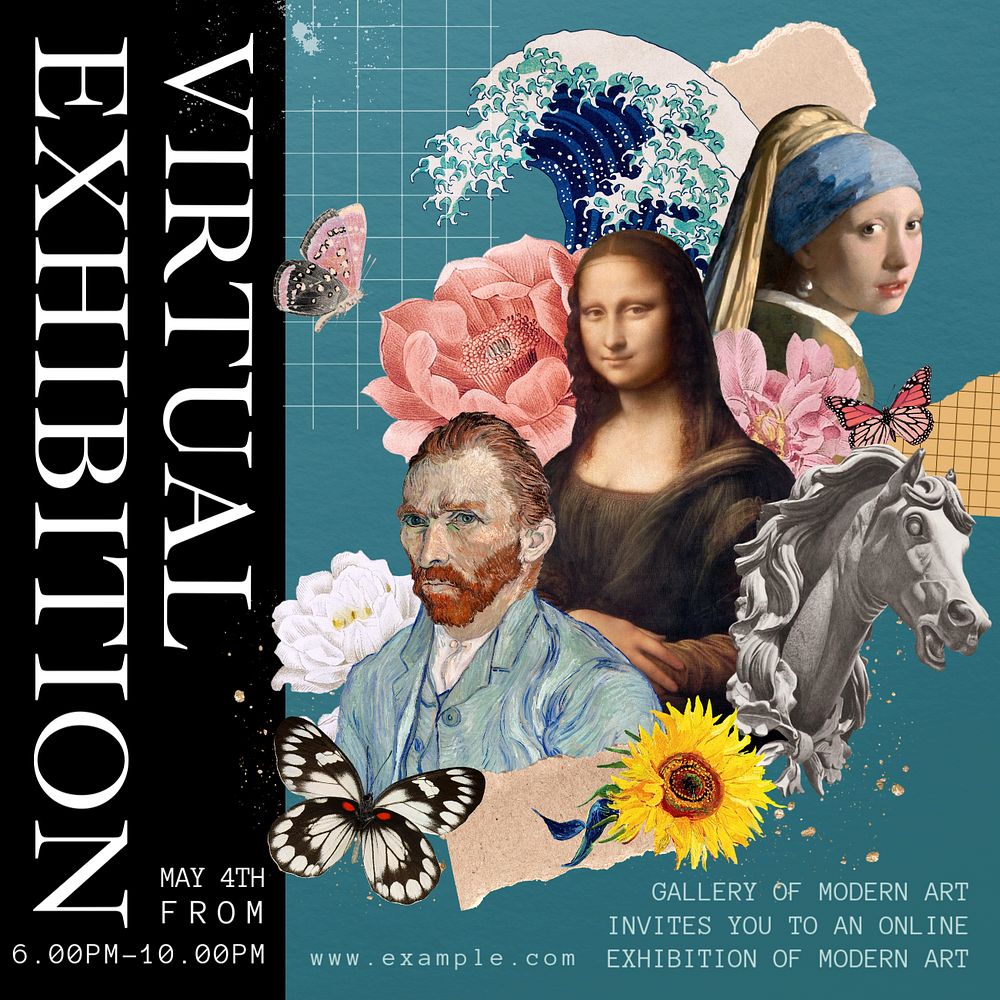 Art exhibition Instagram post template, Van Gogh's, Da Vinci's & Johannes Vermeer's famous artworks, remixed by rawpixel.